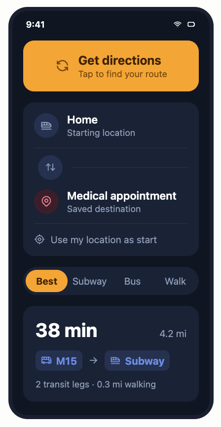 One-Tap Transit app showing a single-button interface for getting directions to a medical appointment via public transit